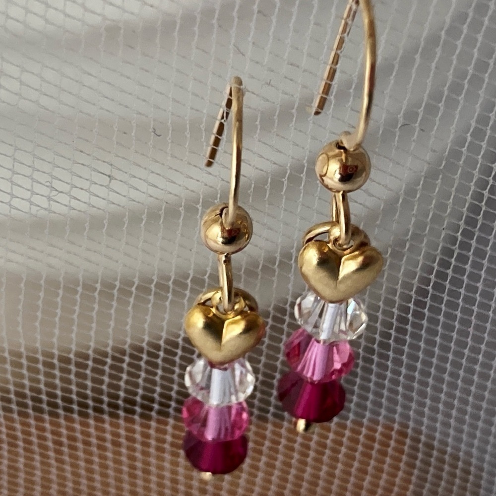 Gold Earrings Swarovski Crystals with Puff Heart Charms - Picture 3 of 8